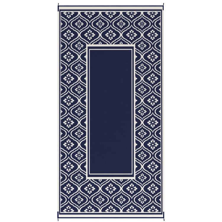 Navy and white outdoor rug with ornate corner pattern and solid navy center