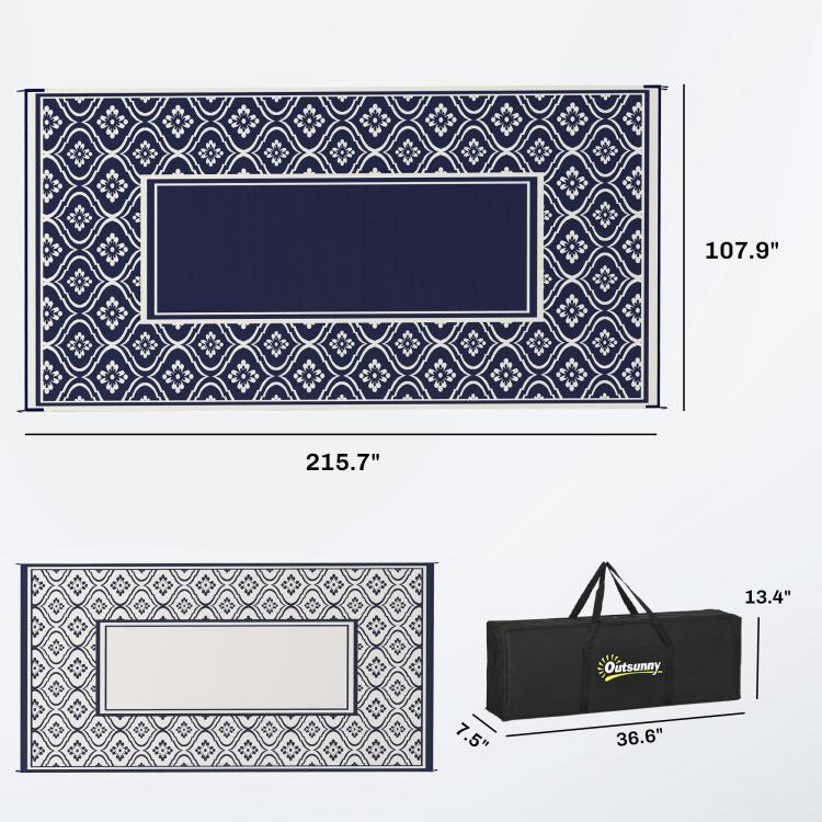 Outdoor rug blue-and-white gourd pattern with size diagram and black carry bag