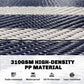 Close-up of blue-and-white woven plastic straw rug texture with high-density material