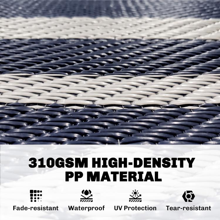 Close-up of blue-and-white woven plastic straw rug texture with high-density material