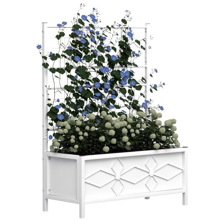 White raised garden bed planter with tall trellis, growing blue climbing vines