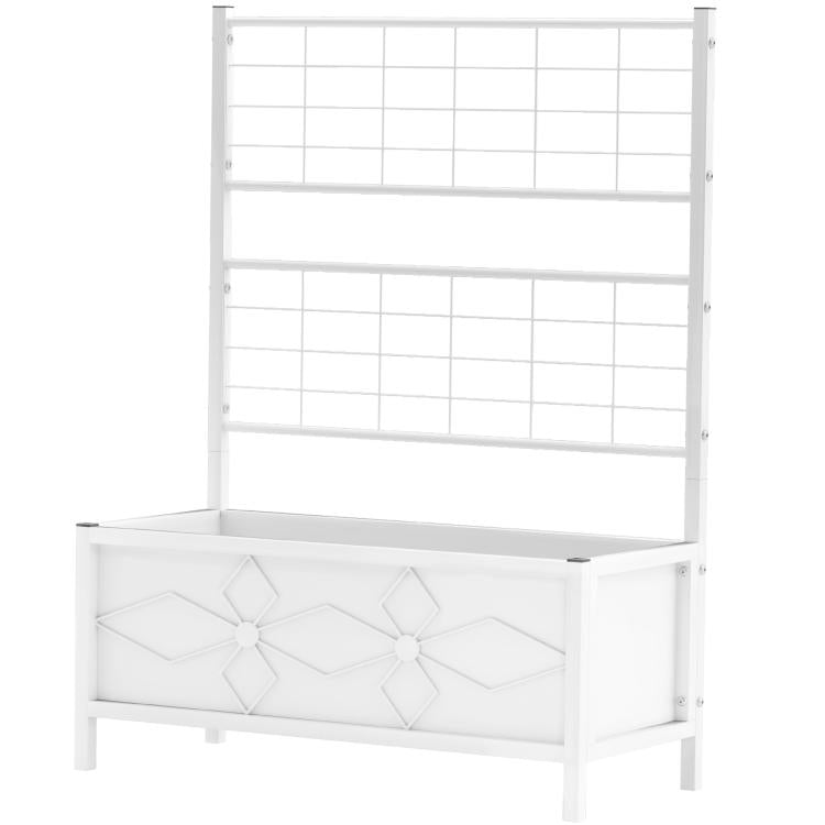 White raised planter bed with trellis back panel and front planter box