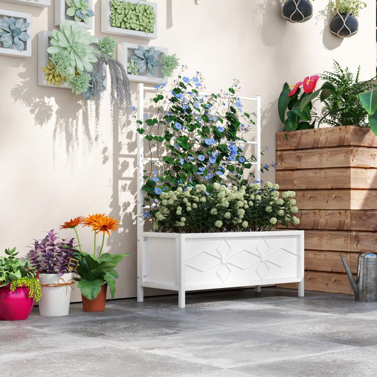 White raised garden bed planter with trellis and embossed front panel