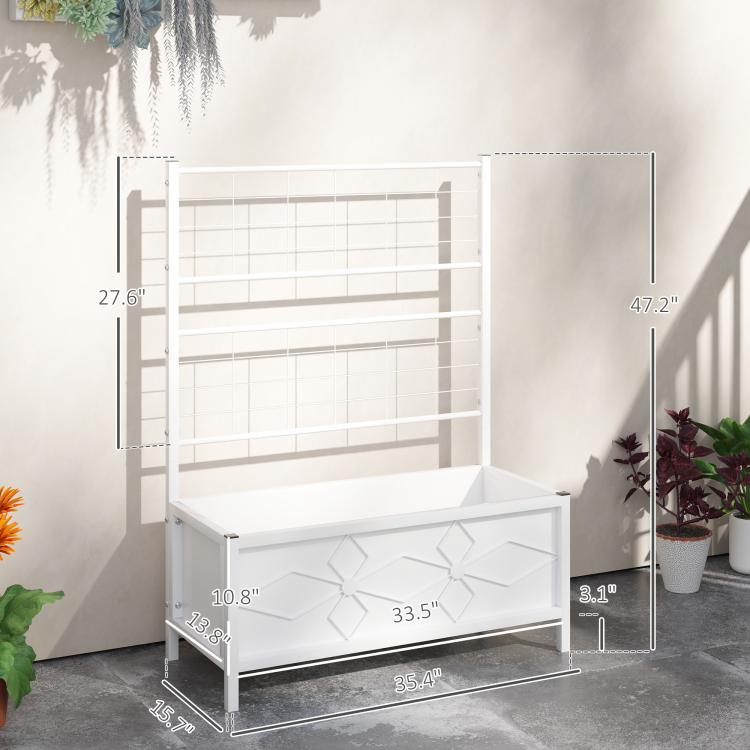 White raised garden bed with trellis back, front planter box, and four legs