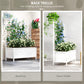 White raised garden bed with back trellis for climbing vines and front planter box