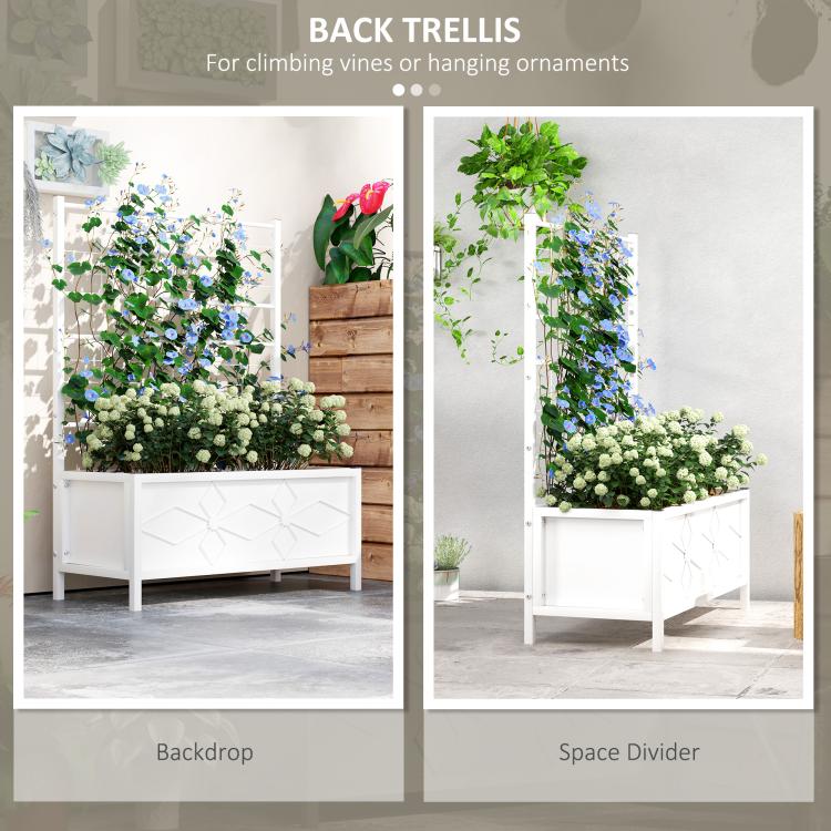 White raised garden bed with back trellis for climbing vines and front planter box