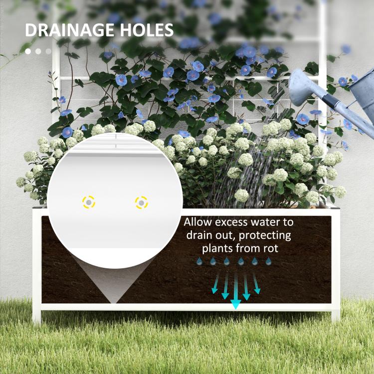 White raised garden bed planter with drainage holes at the base for runoff