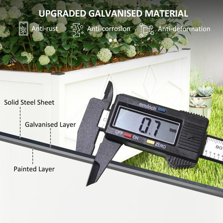 White galvanized steel raised garden bed, close-up of sheet layers