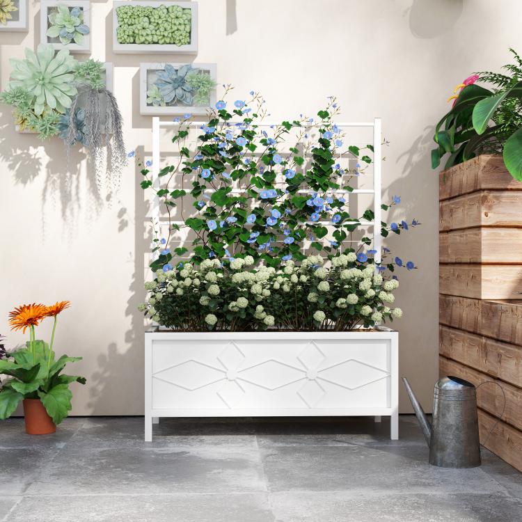 White raised garden bed planter with trellis and flower boxes with blue blooms