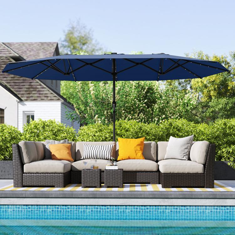 Blue patio garden parasol with LED solar lights, double-sided sun umbrella and central pole