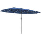 Blue LED-lit sun umbrella with solar lights and central pole, double-sided canopy