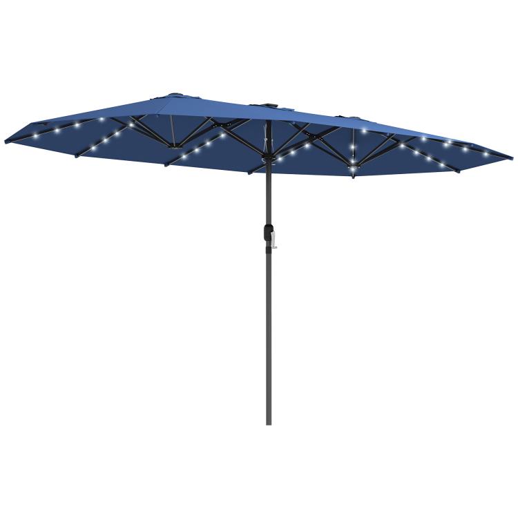 Blue LED-lit sun umbrella with solar lights and central pole, double-sided canopy