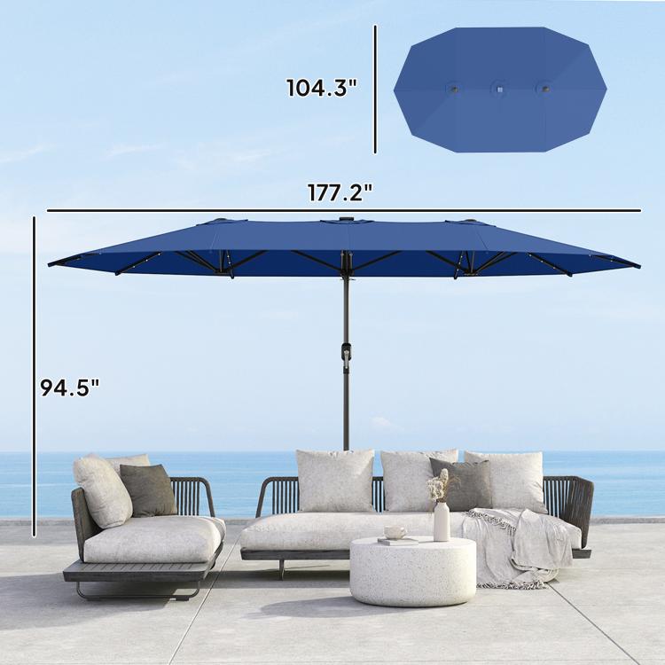 Blue double canopy patio parasol with LED lights and center pole, open view