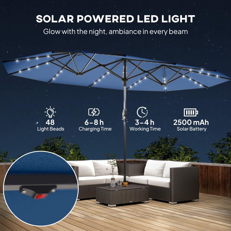 Blue patio parasol with solar-powered LED light string and center pole