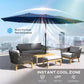 Blue double canopy patio parasol with LED lights above outdoor seating
