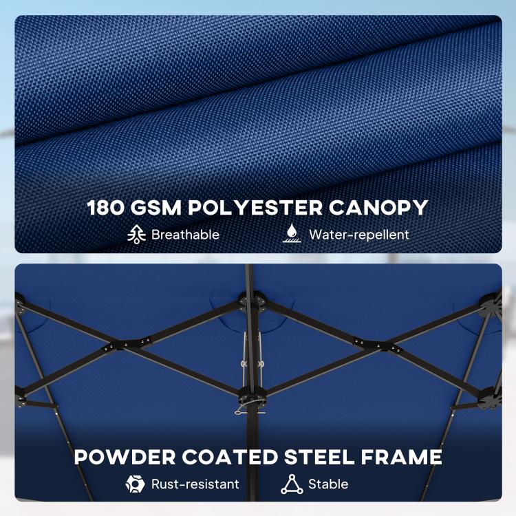 Blue canopy fabric with powder-coated steel frame, close-up view