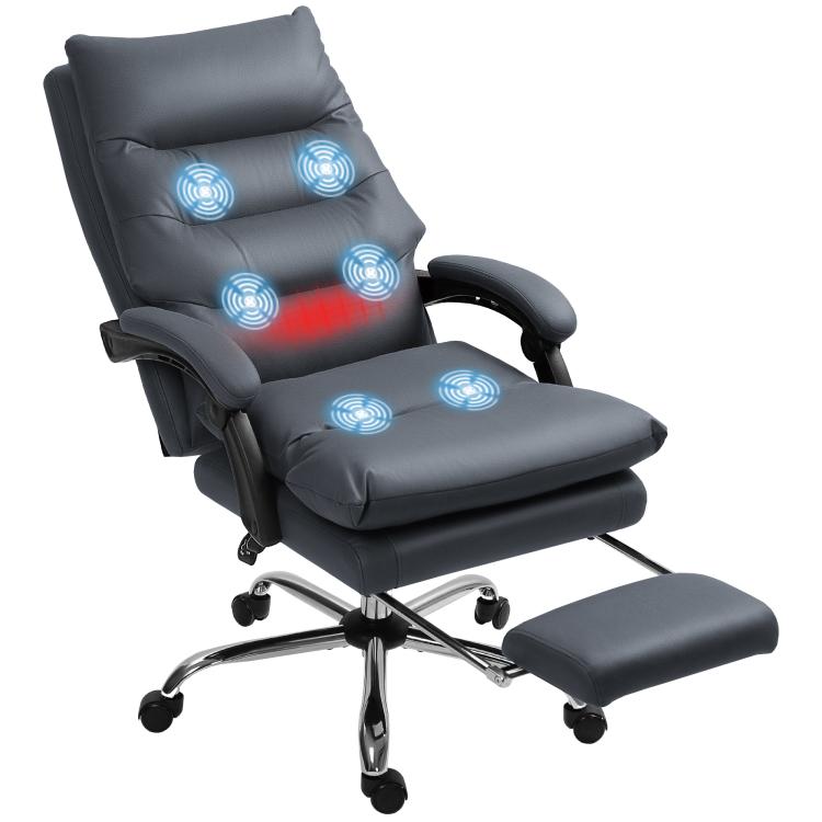 Dark gray heated massage office chair with recline footrest and glowing back rollers