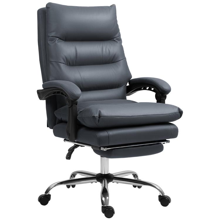 Dark gray reclining office chair with armrests, cushioned seat, and swivel base on wheels