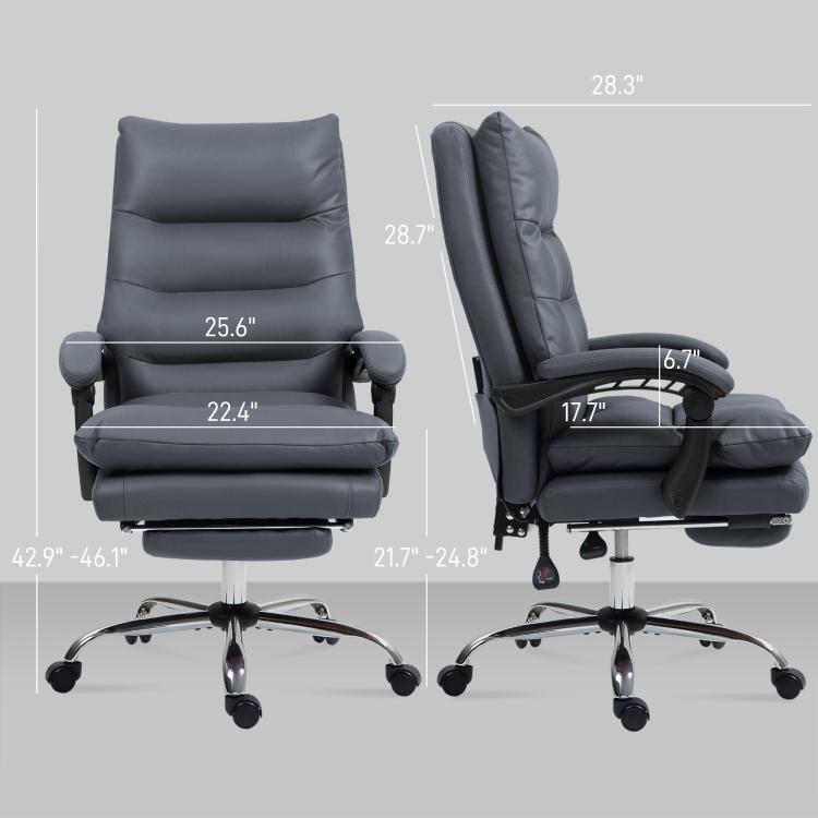 Dark gray reclining office chair with adjustable seat height shown by size diagram