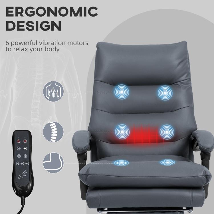 Dark gray heated massage chair with glowing vibration pads and handheld remote control