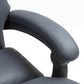 Close-up of dark gray cushioned armrest on reclining office chair