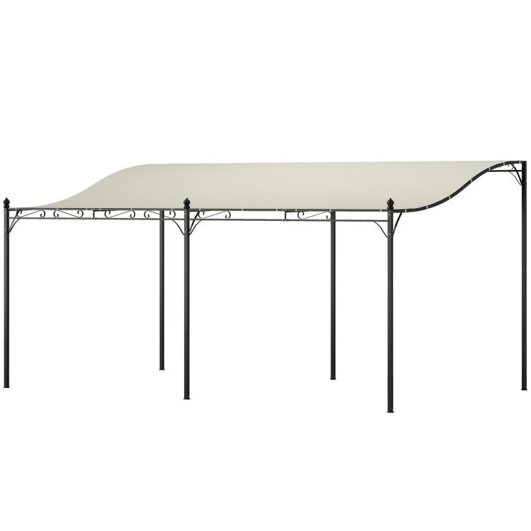 Cream white outdoor pergola canopy with arched edge and black metal posts