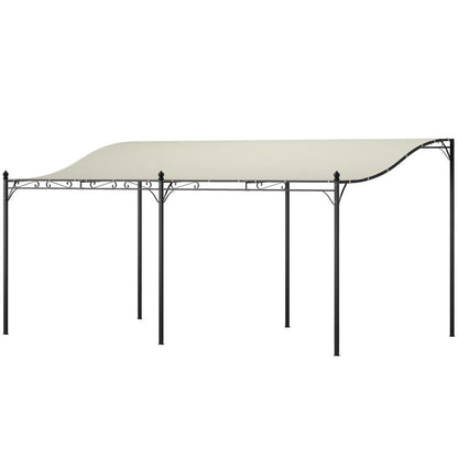 Cream white outdoor pergola canopy with arched edge and black metal posts