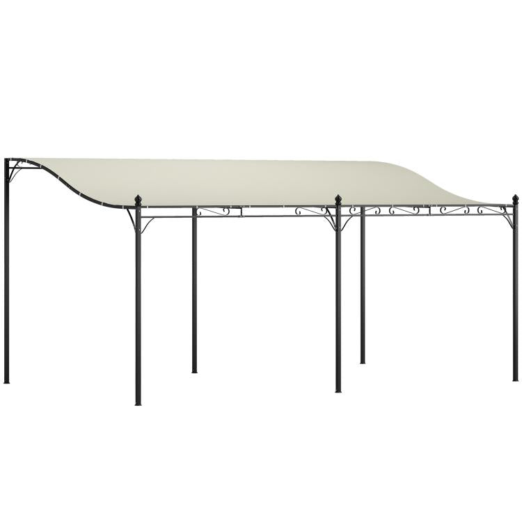 Cream white pergola canopy underside with black metal frame and hanging scroll brackets