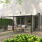 Wall-mounted pergola canopy with cream-white fabric and black metal posts and beams