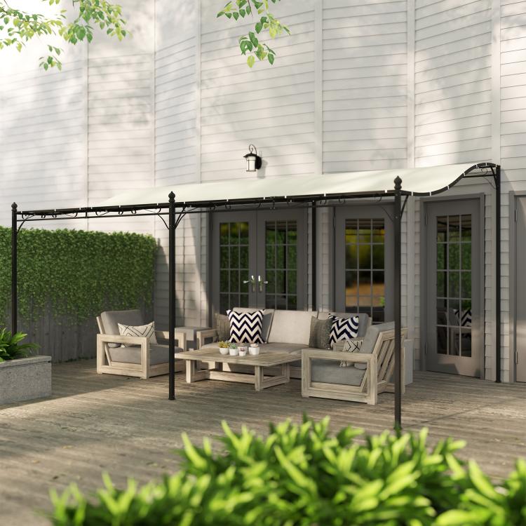 Wall-mounted pergola canopy with cream-white fabric and black metal posts and beams