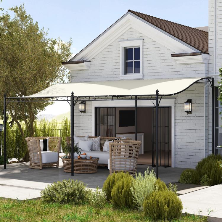 Cream white pergola canopy over patio seating with black metal support posts