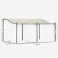 Cream white pergola canopy with black metal frame and labeled measurements