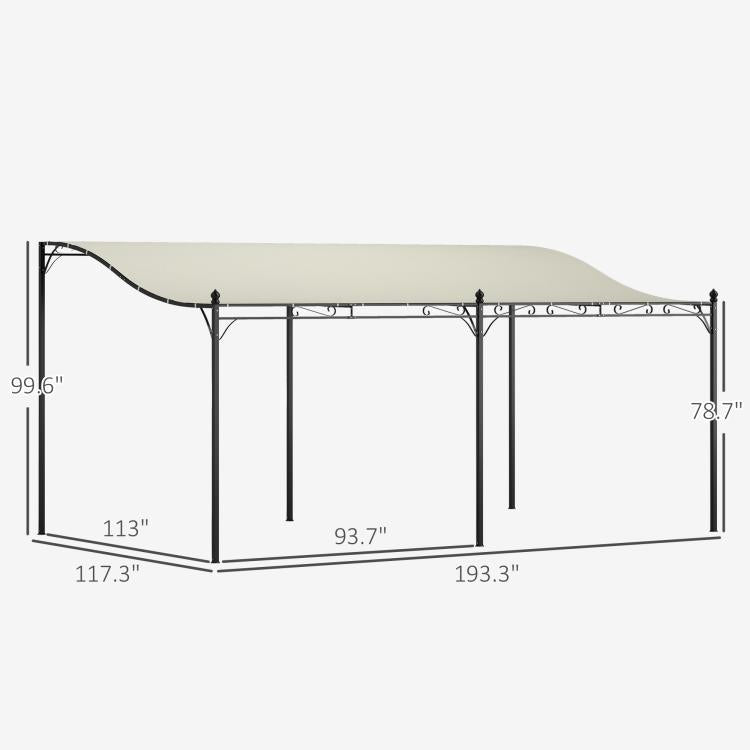 Cream white pergola canopy with black metal frame and labeled measurements