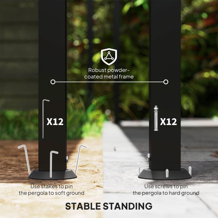 Black metal pergola frame hardware with stakes and screws for stable ground mounting
