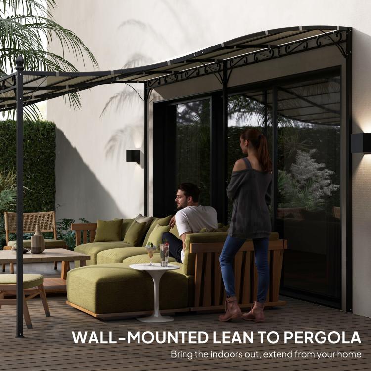 Cream white pergola canopy wall-mounted over outdoor conversation area with black frame