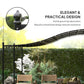 Black pergola roof edge detail above garden greenery and patio seating