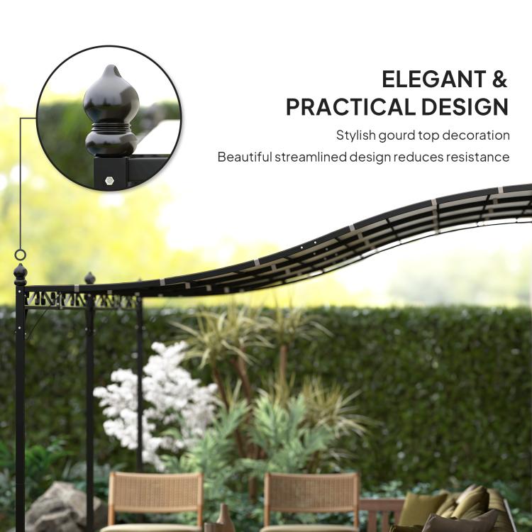 Black pergola roof edge detail above garden greenery and patio seating