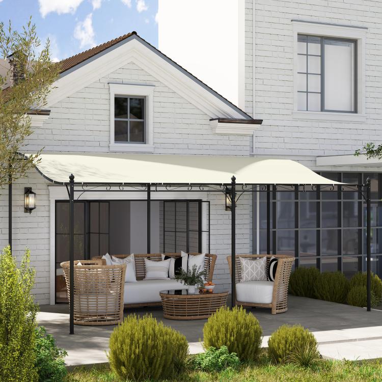 Cream white pergola canopy along a white home facade with black metal posts