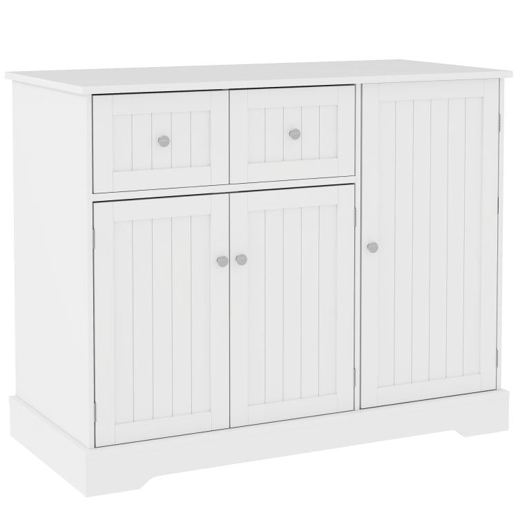 White cat litter box enclosure with four doors and two upper drawer fronts