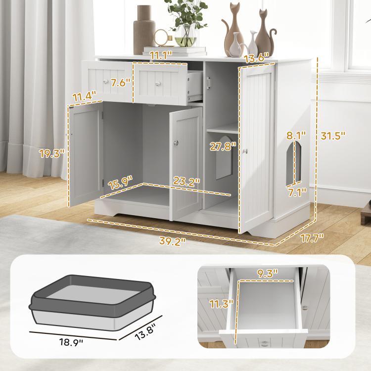 White cat litter box enclosure with dimensions layout and open interior compartments