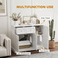 White cat litter box enclosure with multiple storage areas and side table top