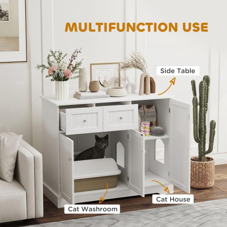 White cat litter box enclosure with multiple storage areas and side table top