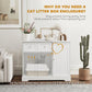 White cat litter box enclosure with litter compartment and enclosed doors for cats