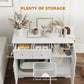 White cat litter box enclosure with drawers and open storage cabinet for litter