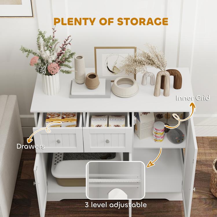 White cat litter box enclosure with drawers and open storage cabinet for litter