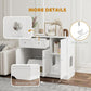 White cat litter box enclosure detail view with handle, anti-tip kit, and elevated feet