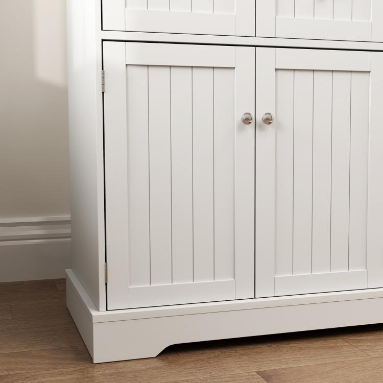 White cat litter box enclosure base with two lower doors and vertical paneling