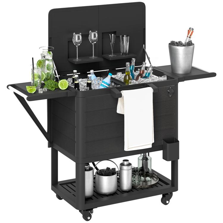 Black outdoor cooler cart with open lid, side tables, and bottle-and-glass storage shelves.