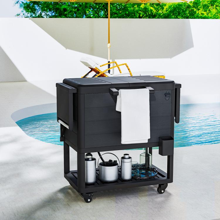 Black outdoor cooler cart with wheels, front shelf, and open top lid