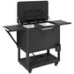 Black rolling outdoor ice chest cart with open lid, side shelves, and wheels
